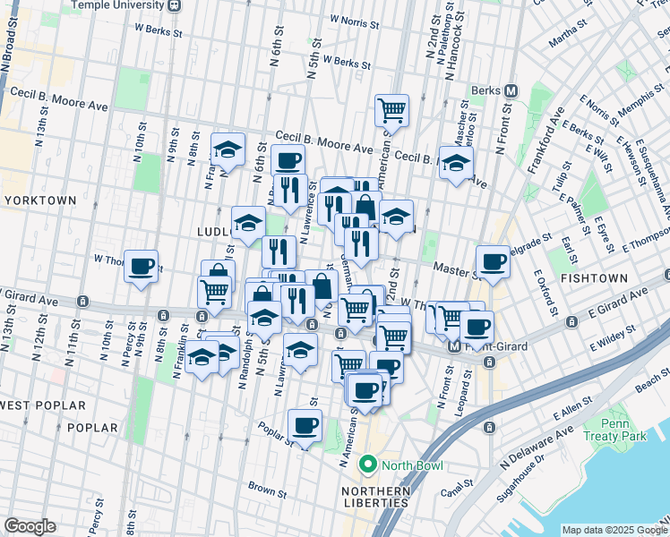 map of restaurants, bars, coffee shops, grocery stores, and more near 1331 North 4th Street in Philadelphia