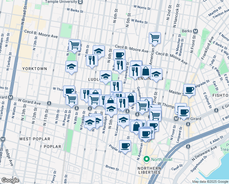 map of restaurants, bars, coffee shops, grocery stores, and more near 1314 North Randolph Street in Philadelphia