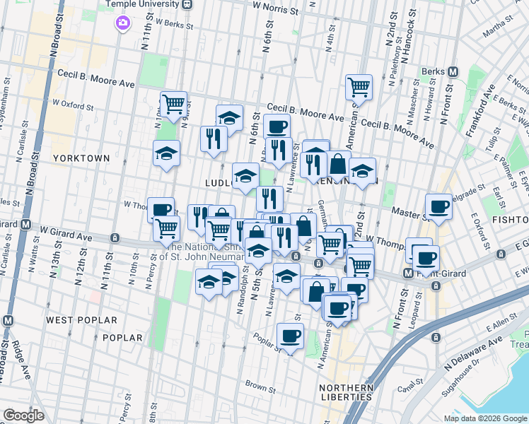 map of restaurants, bars, coffee shops, grocery stores, and more near 1314 North Randolph Street in Philadelphia
