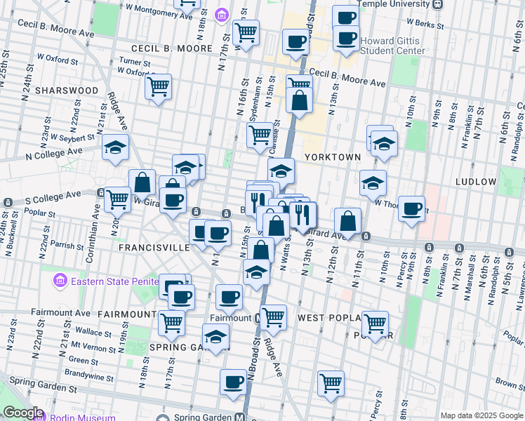 map of restaurants, bars, coffee shops, grocery stores, and more near 1403 West Flora Street in Philadelphia
