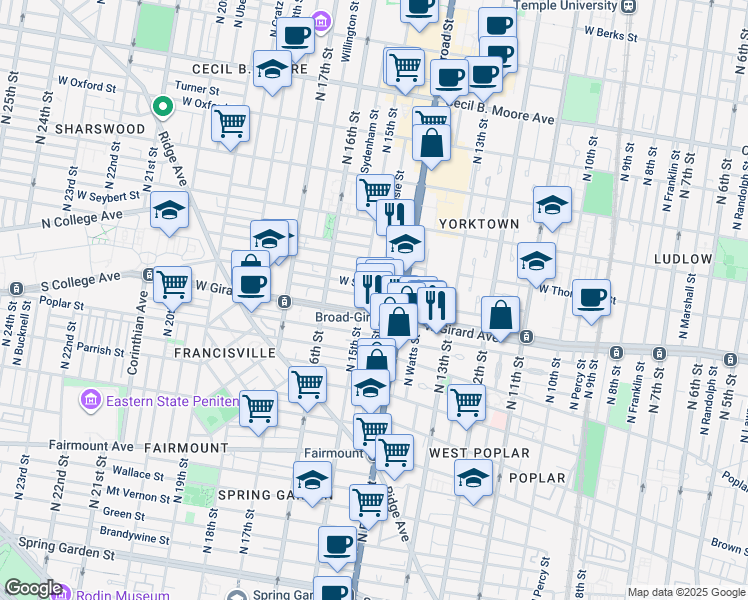 map of restaurants, bars, coffee shops, grocery stores, and more near 1403 West Flora Street in Philadelphia