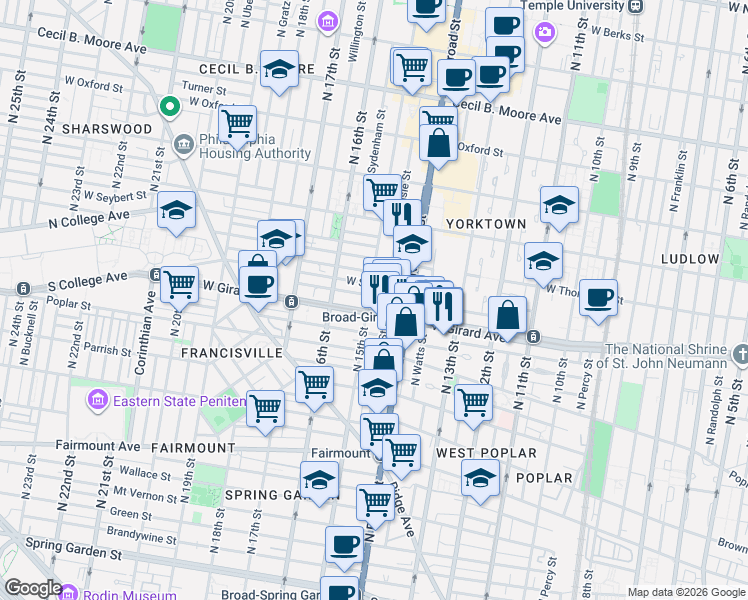 map of restaurants, bars, coffee shops, grocery stores, and more near 1403 West Flora Street in Philadelphia