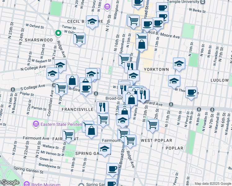 map of restaurants, bars, coffee shops, grocery stores, and more near 1521 West Girard Avenue in Philadelphia
