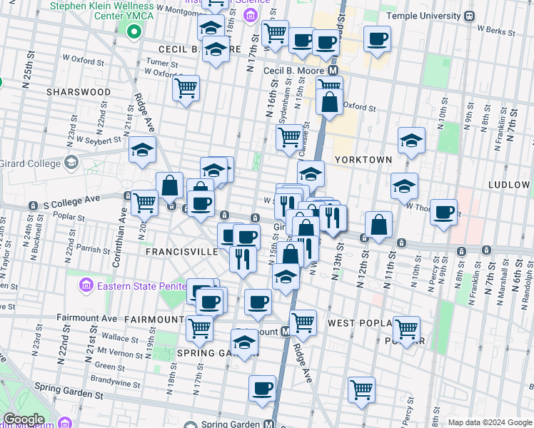 map of restaurants, bars, coffee shops, grocery stores, and more near 1521 West Girard Avenue in Philadelphia