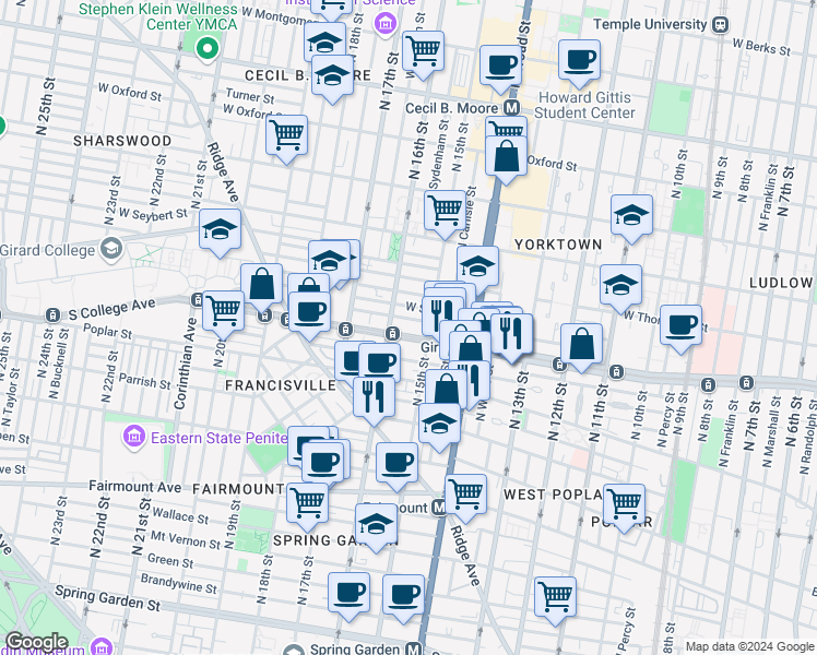 map of restaurants, bars, coffee shops, grocery stores, and more near 1521 West Girard Avenue in Philadelphia