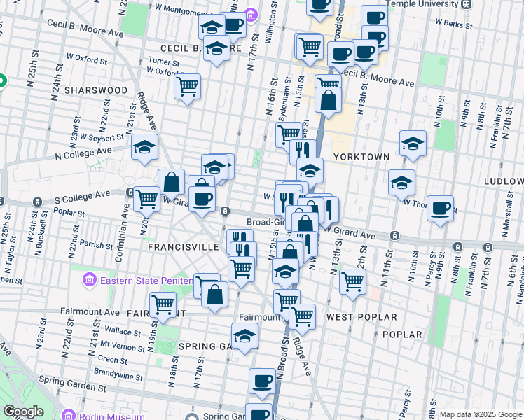 map of restaurants, bars, coffee shops, grocery stores, and more near 1521 West Girard Avenue in Philadelphia