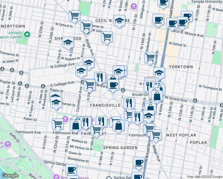 map of restaurants, bars, coffee shops, grocery stores, and more near 1820 Ridge Avenue in Philadelphia