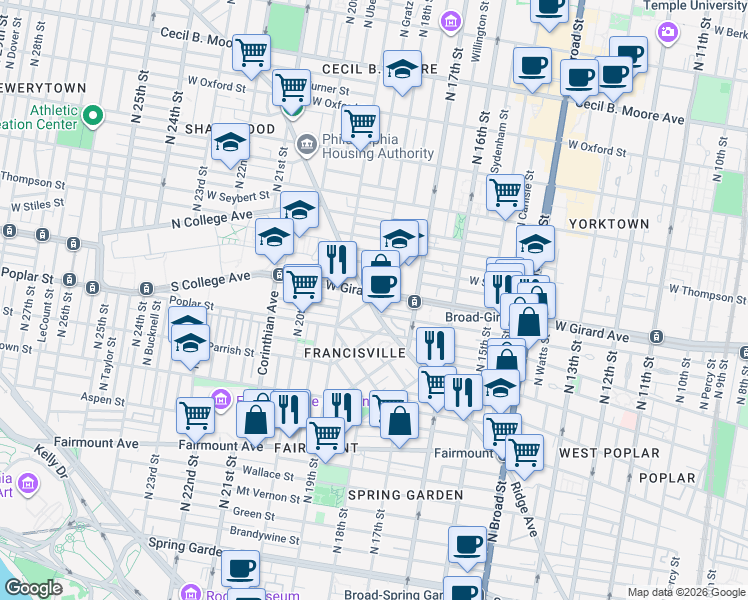 map of restaurants, bars, coffee shops, grocery stores, and more near 1820 Ridge Avenue in Philadelphia