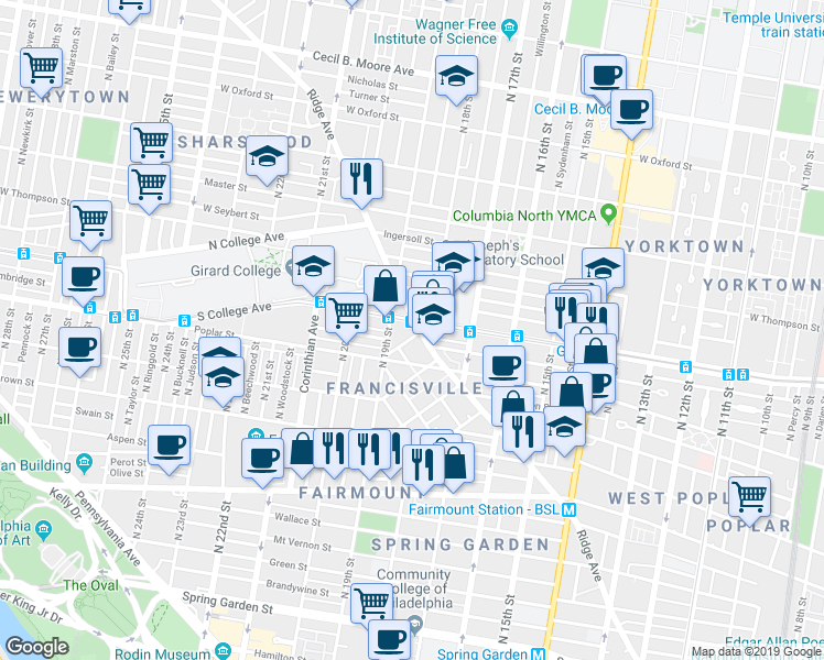 map of restaurants, bars, coffee shops, grocery stores, and more near 1820 Ridge Avenue in Philadelphia