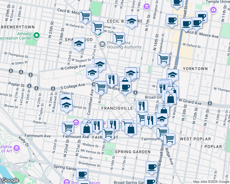 map of restaurants, bars, coffee shops, grocery stores, and more near 1820 Ridge Avenue in Philadelphia