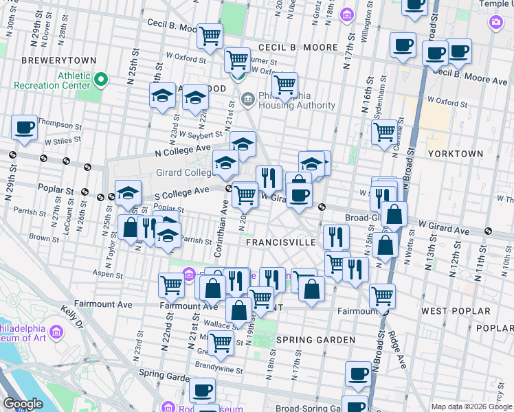 map of restaurants, bars, coffee shops, grocery stores, and more near in Philadelphia