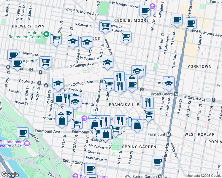 map of restaurants, bars, coffee shops, grocery stores, and more near 2006 Cambridge Street in Philadelphia