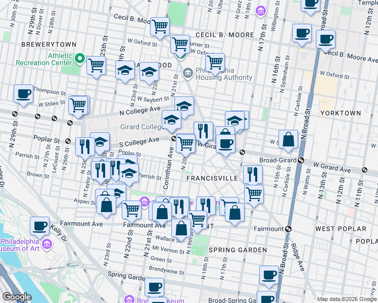 map of restaurants, bars, coffee shops, grocery stores, and more near 2006 Cambridge Street in Philadelphia