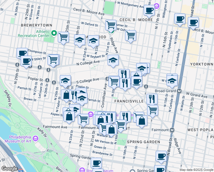 map of restaurants, bars, coffee shops, grocery stores, and more near 2006 Cambridge Street in Philadelphia