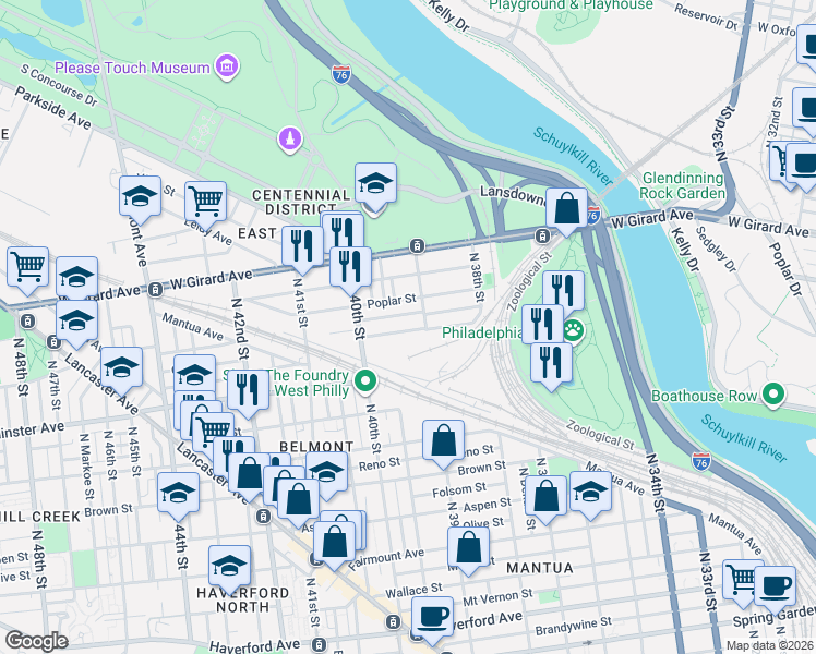 map of restaurants, bars, coffee shops, grocery stores, and more near 3939 Pennsgrove Street in Philadelphia