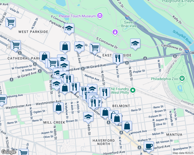 map of restaurants, bars, coffee shops, grocery stores, and more near 4251 Mantua Avenue in Philadelphia