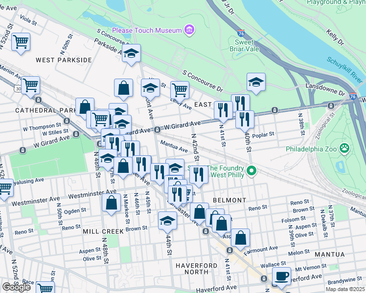 map of restaurants, bars, coffee shops, grocery stores, and more near 4251 Mantua Avenue in Philadelphia