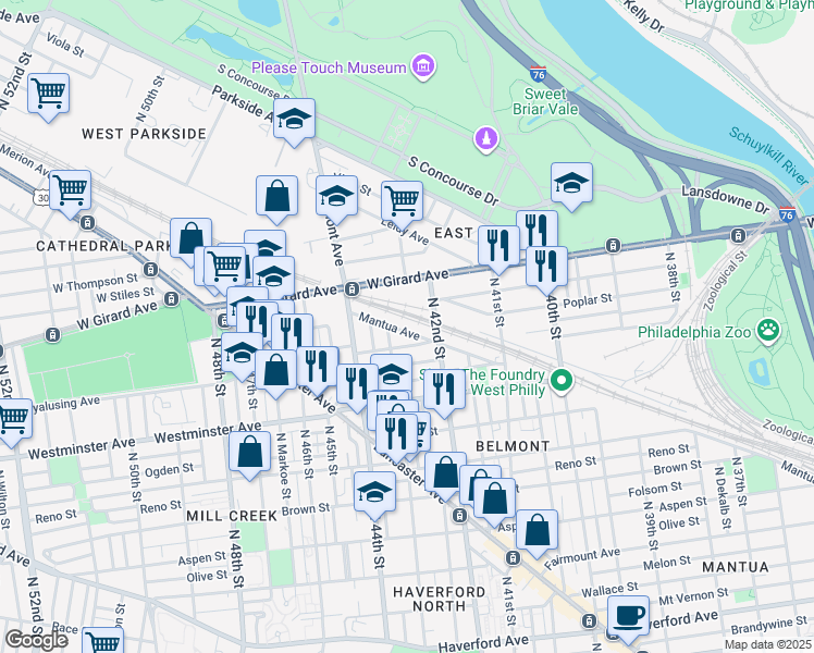 map of restaurants, bars, coffee shops, grocery stores, and more near 4251 Mantua Avenue in Philadelphia