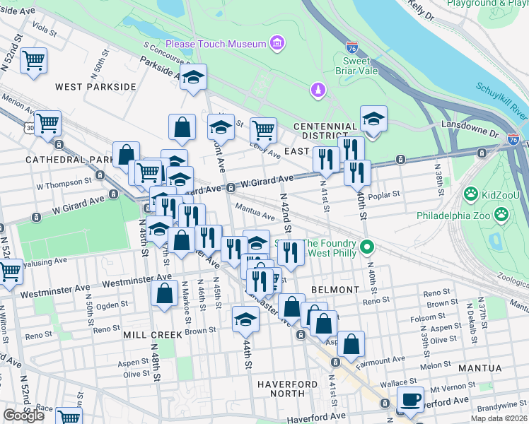 map of restaurants, bars, coffee shops, grocery stores, and more near 4251 Mantua Avenue in Philadelphia