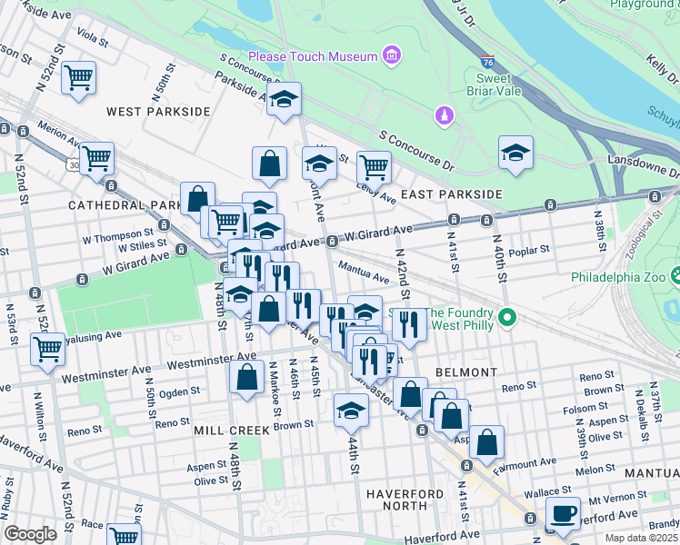 map of restaurants, bars, coffee shops, grocery stores, and more near 1031 Belmont Avenue in Philadelphia