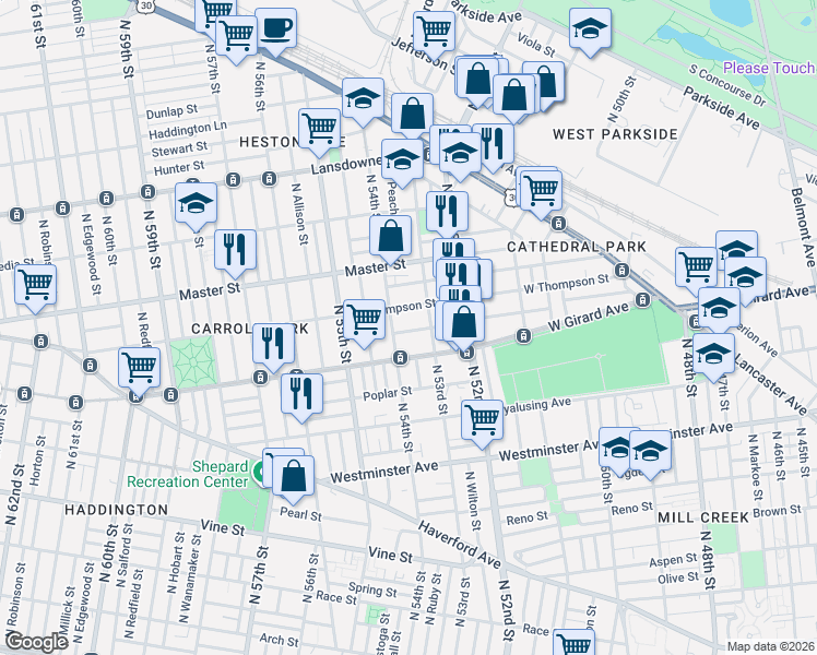 map of restaurants, bars, coffee shops, grocery stores, and more near 5319 West Stiles Street in Philadelphia