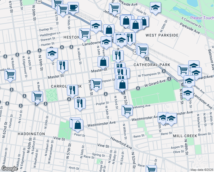 map of restaurants, bars, coffee shops, grocery stores, and more near 5319 West Stiles Street in Philadelphia