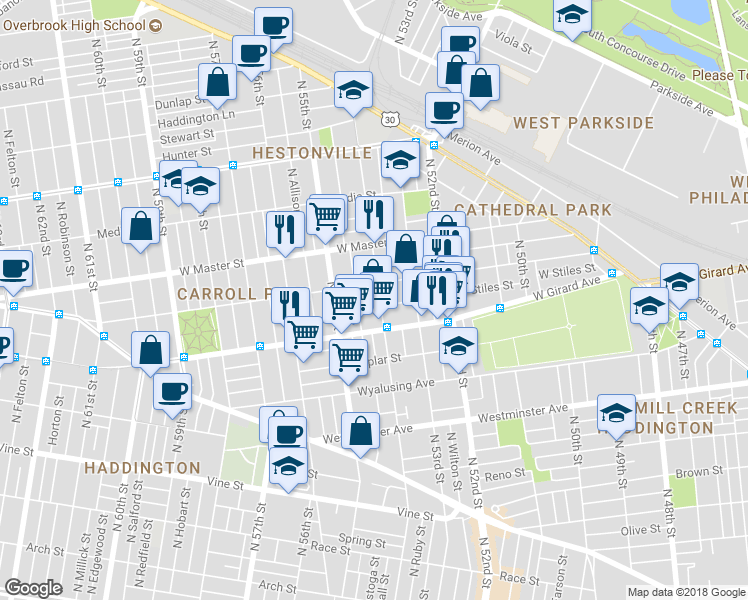 map of restaurants, bars, coffee shops, grocery stores, and more near 1235 North Conestoga Street in Philadelphia