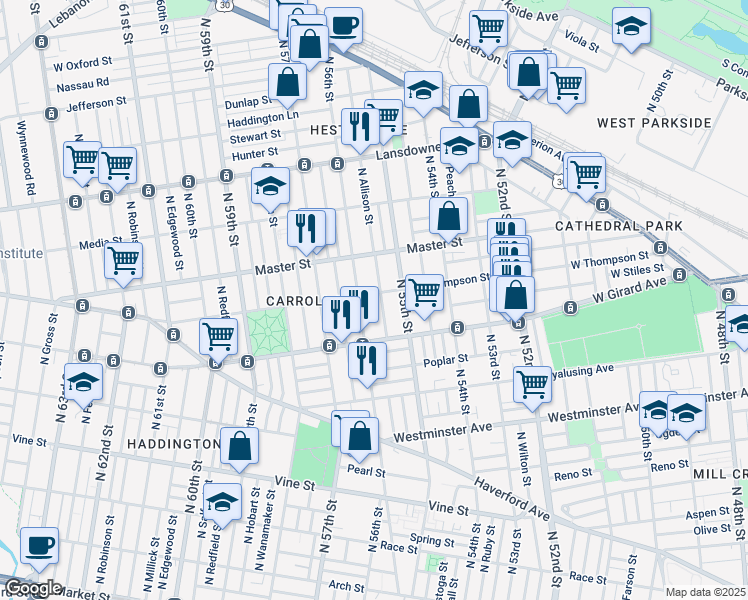 map of restaurants, bars, coffee shops, grocery stores, and more near 5546 West Thompson Street in Philadelphia
