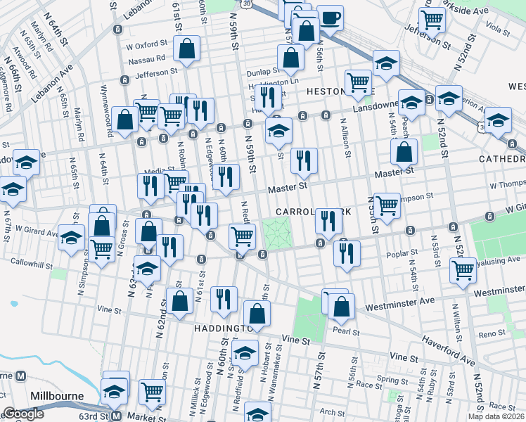 map of restaurants, bars, coffee shops, grocery stores, and more near 5825 West Thompson Street in Philadelphia
