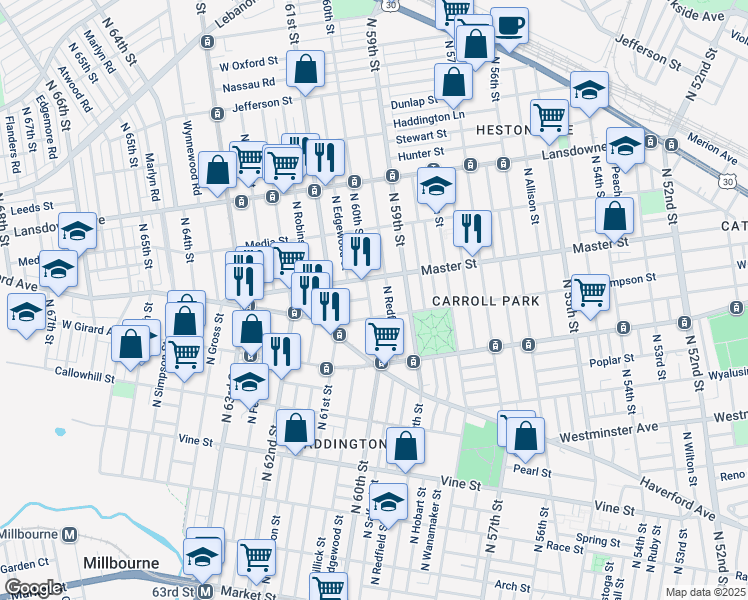 map of restaurants, bars, coffee shops, grocery stores, and more near 6014 Kershaw Street in Philadelphia