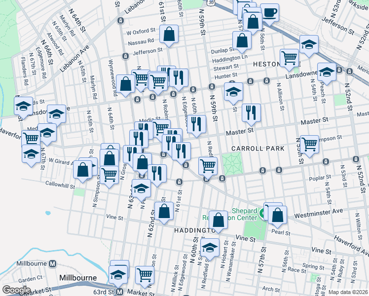 map of restaurants, bars, coffee shops, grocery stores, and more near in Philadelphia