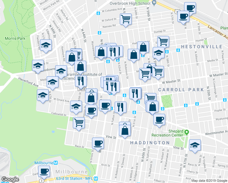 map of restaurants, bars, coffee shops, grocery stores, and more near 6249 Haverford Avenue in Philadelphia