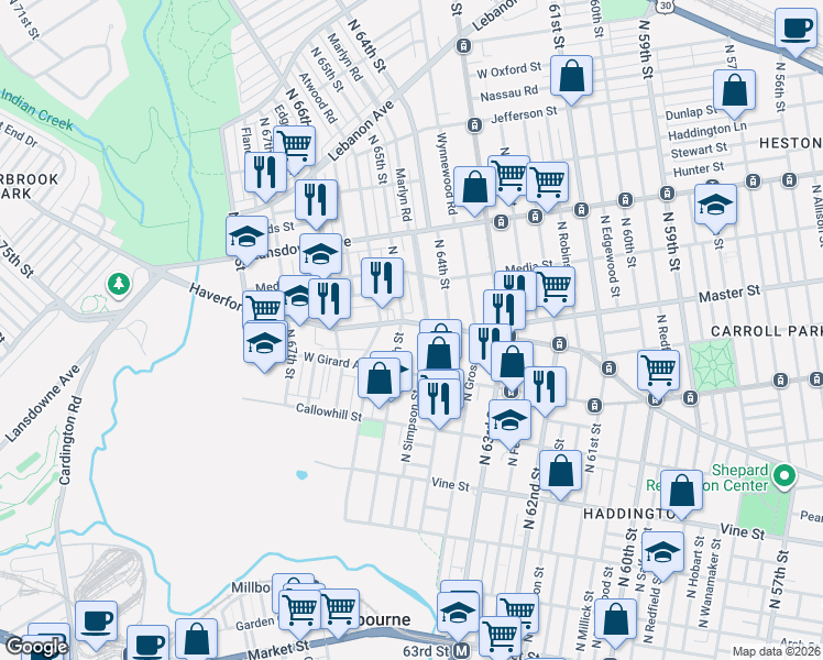 map of restaurants, bars, coffee shops, grocery stores, and more near in Philadelphia
