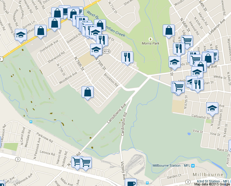 map of restaurants, bars, coffee shops, grocery stores, and more near 7528 Brockton Road in Philadelphia