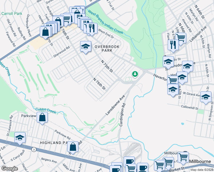 map of restaurants, bars, coffee shops, grocery stores, and more near 1306 Kimberly Drive in Philadelphia