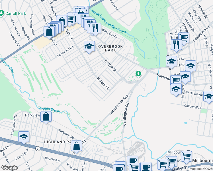 map of restaurants, bars, coffee shops, grocery stores, and more near 1306 Kimberly Drive in Philadelphia