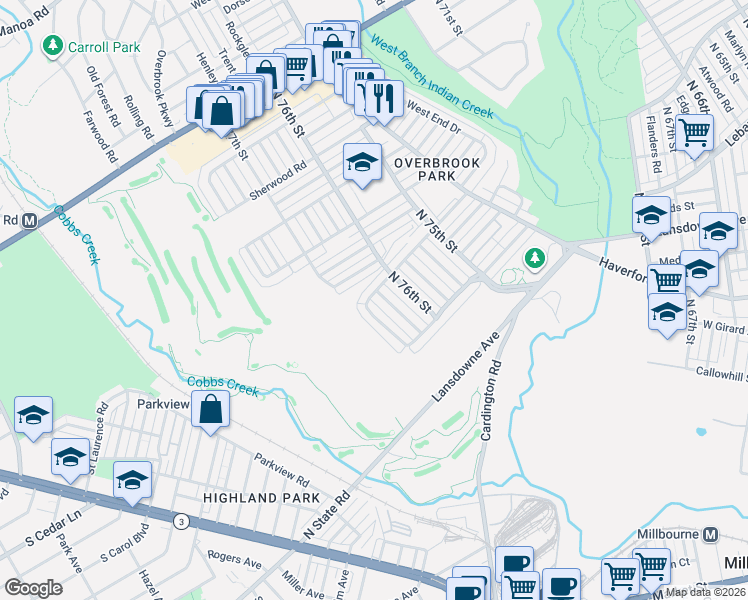 map of restaurants, bars, coffee shops, grocery stores, and more near 1381 Farrington Road in Philadelphia