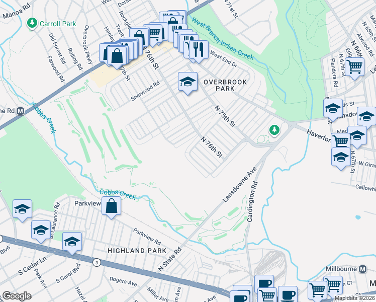 map of restaurants, bars, coffee shops, grocery stores, and more near 1381 Farrington Road in Philadelphia