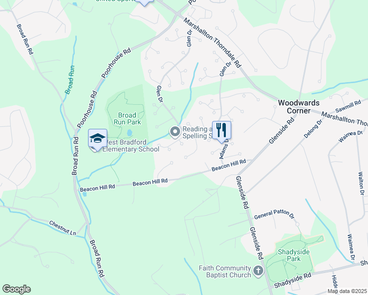 map of restaurants, bars, coffee shops, grocery stores, and more near 1409 Henry Drive in Downingtown