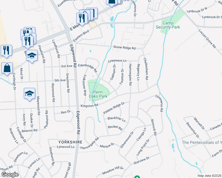 map of restaurants, bars, coffee shops, grocery stores, and more near 3480 Edenbridge Road in York