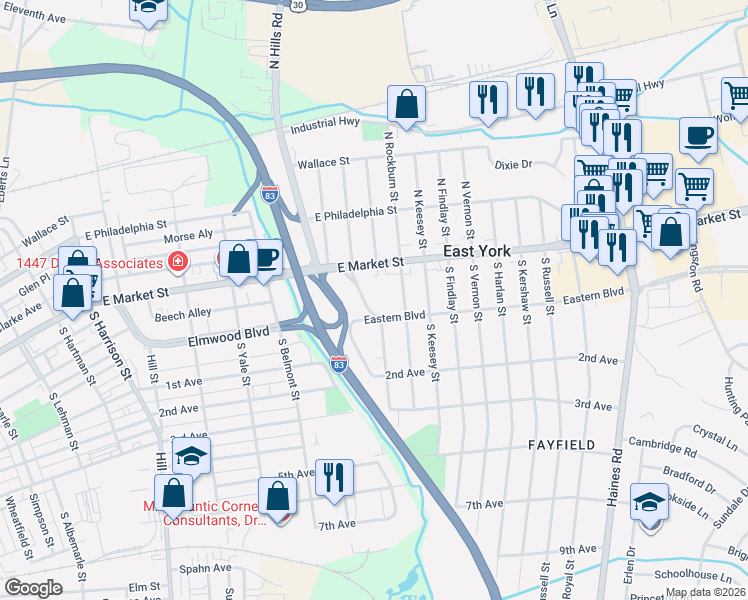 map of restaurants, bars, coffee shops, grocery stores, and more near 1833 Eastern Boulevard in East York