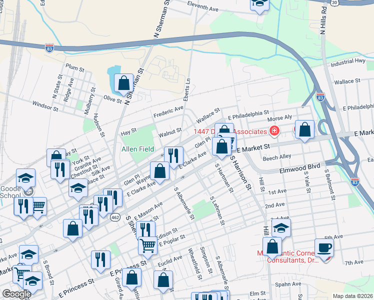 map of restaurants, bars, coffee shops, grocery stores, and more near 58 North Lehman Street in York