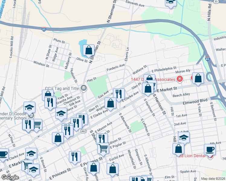 map of restaurants, bars, coffee shops, grocery stores, and more near 1002 State Route 462 in York