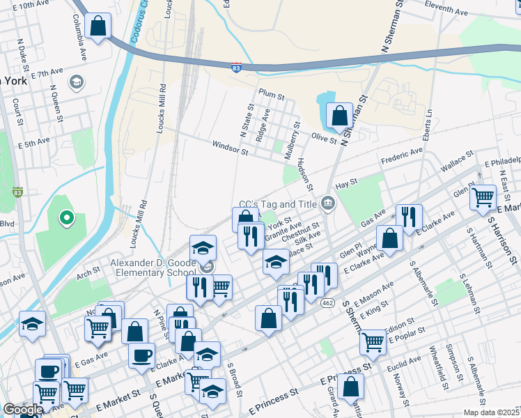 map of restaurants, bars, coffee shops, grocery stores, and more near in York