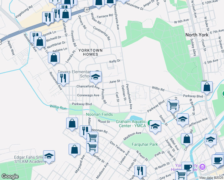 map of restaurants, bars, coffee shops, grocery stores, and more near 763 Carl Street in York