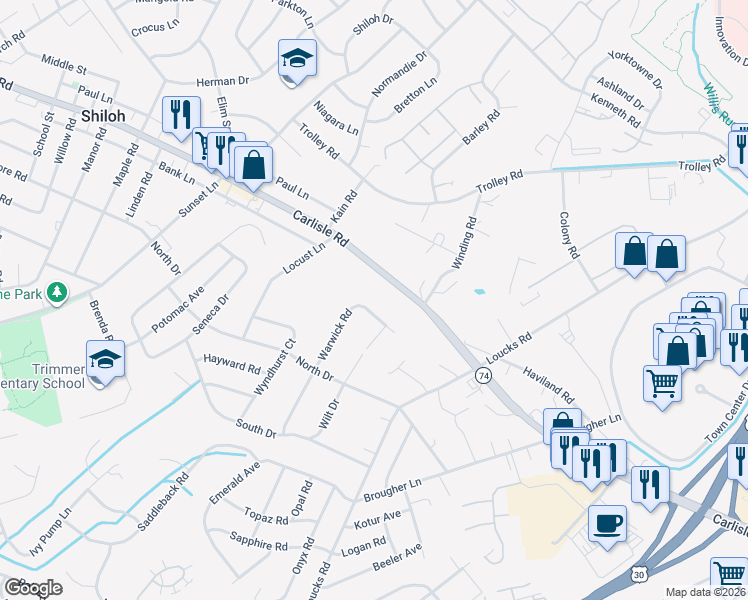 map of restaurants, bars, coffee shops, grocery stores, and more near 2315 Warwick Road in York