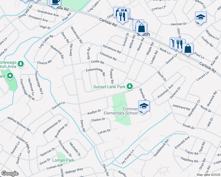 map of restaurants, bars, coffee shops, grocery stores, and more near 2472 Manor Road in York