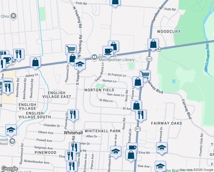 map of restaurants, bars, coffee shops, grocery stores, and more near 4507 Saint Anthony Lane in Columbus