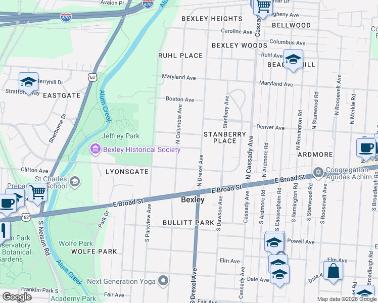 map of restaurants, bars, coffee shops, grocery stores, and more near 2371 Commonwealth Park North in Bexley