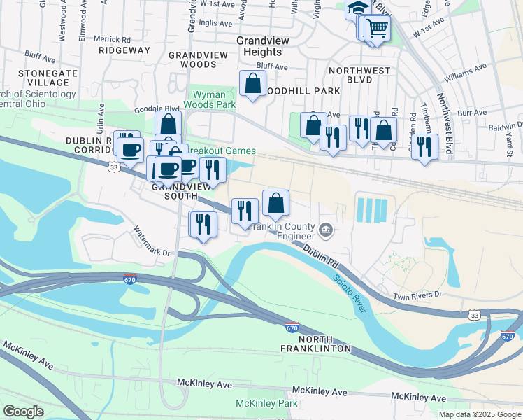 map of restaurants, bars, coffee shops, grocery stores, and more near 1034 Dublin Road in Columbus